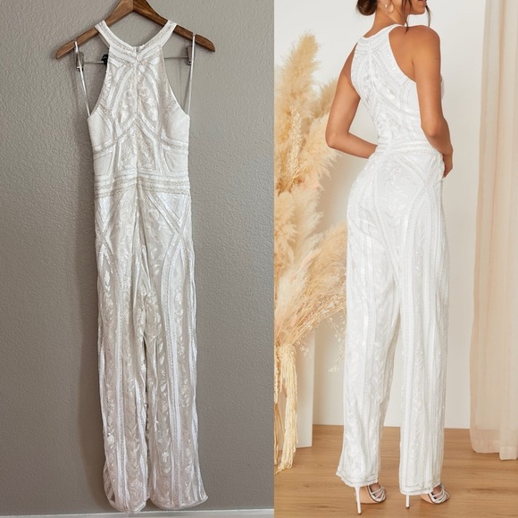 NWOT  Tell Me Everything White Beaded Sequin Wide-Leg Jumpsuit - Picture 2 of 7